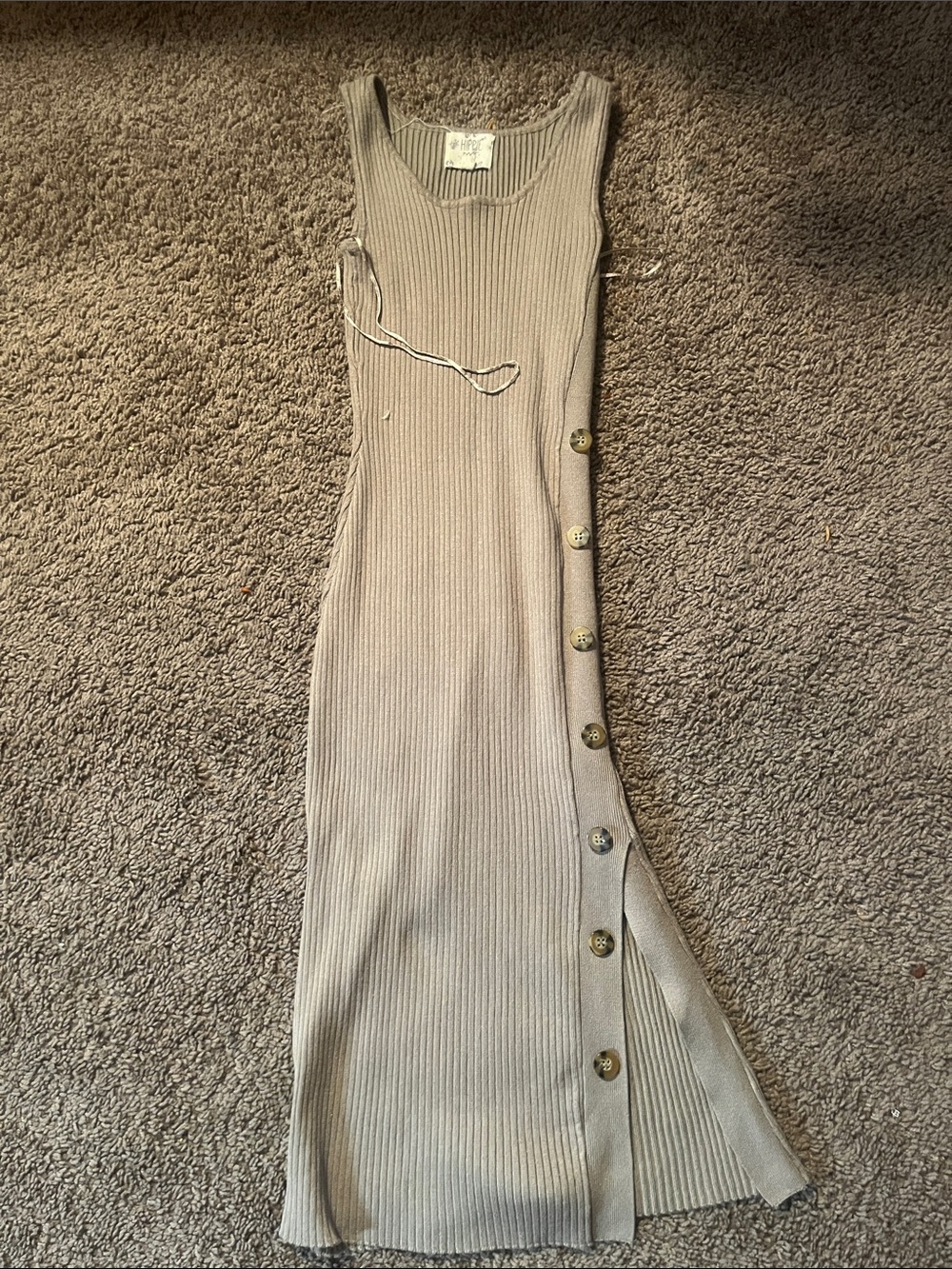 Hippie Rose Ribbed Sleeveless Button-Trim Maxi Dress in Taupe